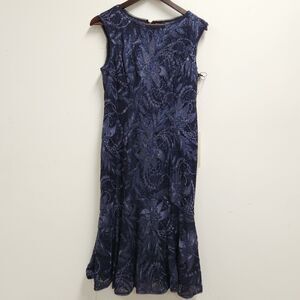 Adrianna Papell Dress Navy Floral Embroidered Size 8 &10 Lace Lined Sequin NWT